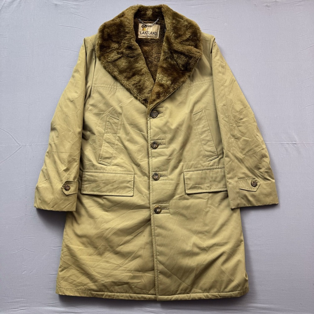 Vintage Lakeland Overcoat Brookstown Mens 36 Tan Wool Faux Fur Collar Lined